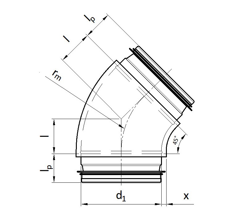 Bogen gepresst 45° dampfdicht / Bogen aus Segmenten dampfdicht 45° R=1xd KEN-LOK (GBDI4 / RBDI4)