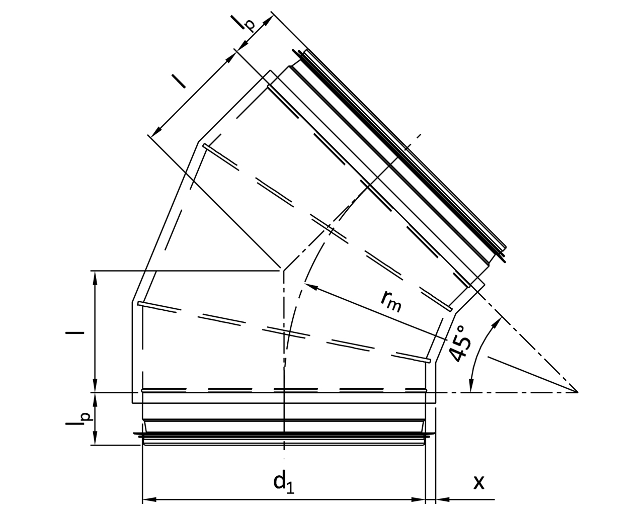 Bogen gepresst 45° dampfdicht / Bogen aus Segmenten dampfdicht 45° R=1xd KEN-LOK (GBDI4 / RBDI4)